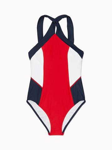 Női Tommy Hilfiger Halter Colorblock One-Piece Úszóruhák Piros | HU 420OKI